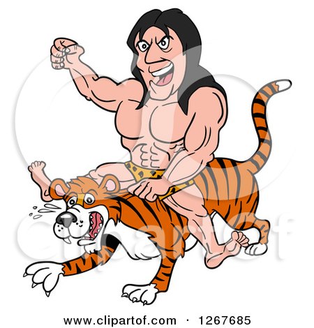 Clipart of a Long Haired Jungle Man Riding a Tiger - Royalty Free Vector Illustration by LaffToon