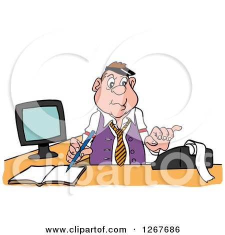 Clipart of a White Male Bookkeeper Using a Calculator at His Desk - Royalty Free Vector Illustration by LaffToon
