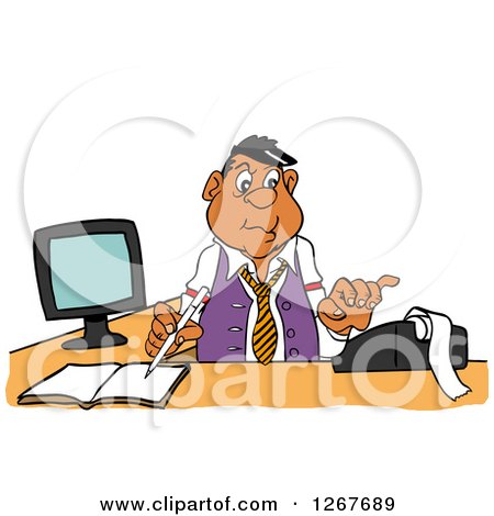 Clipart of a Black Male Bookkeeper Using a Calculator at His Desk - Royalty Free Vector Illustration by LaffToon