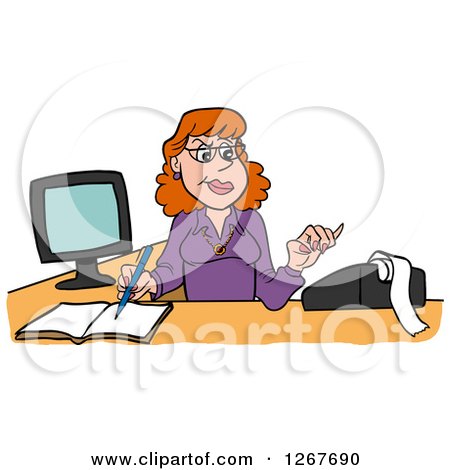 Clipart of a Red Haired White Female Bookkeeper Using a Calculator at Her Desk - Royalty Free Vector Illustration by LaffToon