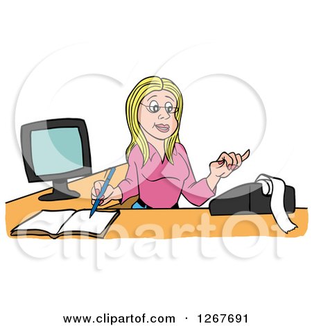 Clipart of a Blond White Female Bookkeeper Using a Calculator at Her Desk - Royalty Free Vector Illustration by LaffToon