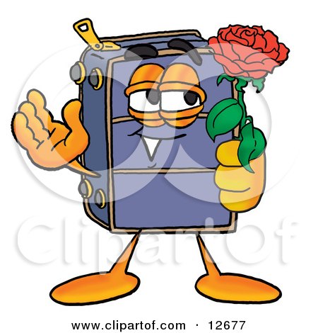 Clipart Picture of a Suitcase Cartoon Character Holding a Red Rose on Valentines Day by Mascot Junction
