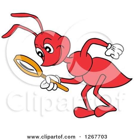 Clipart of a Red Ant Bending over and Looking Through a Magnifying Glass - Royalty Free Vector Illustration by LaffToon