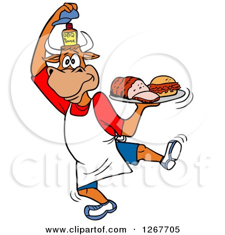 Clipart of a Chef Bull Lifting His Hat to Show Bbq Sauce and Holding a Tray of Brisket and Pulled Pork - Royalty Free Vector Illustration by LaffToon