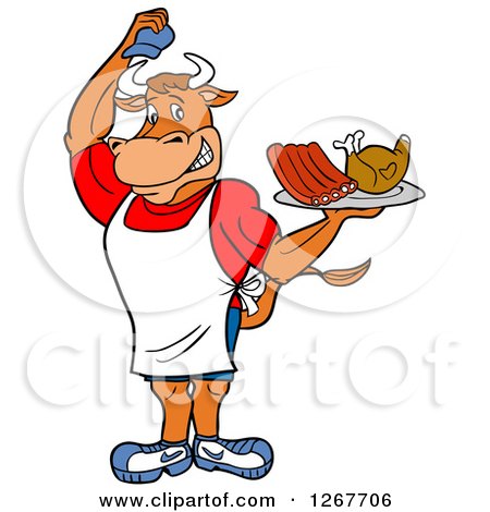 Clipart of a Chef Bull Lifting His Hat and Holding a Tray of Ribs and Chicken - Royalty Free Vector Illustration by LaffToon