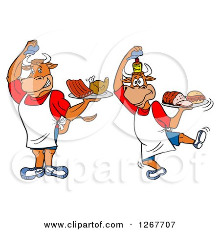 Clipart of Chef Bulls Holding Trays of Ribs, Chicken, Brisket and Pulled Pork - Royalty Free Vector Illustration by LaffToon