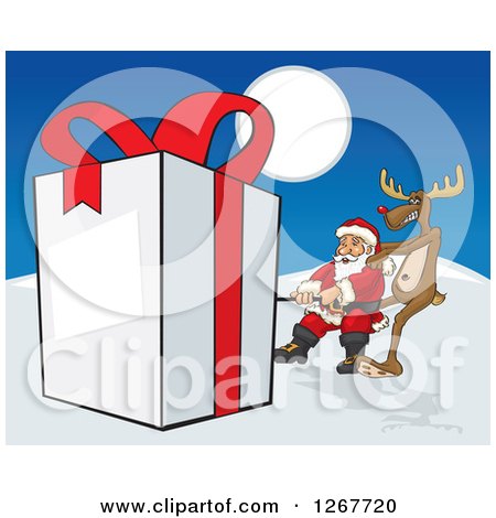 Clipart of a Reindeer and Santa Pulling a Giant Gift Through the Snow - Royalty Free Vector Illustration by David Rey