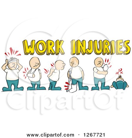 Clipart of Caucasian Men with Work Injuries and Text - Royalty Free Vector Illustration by David Rey