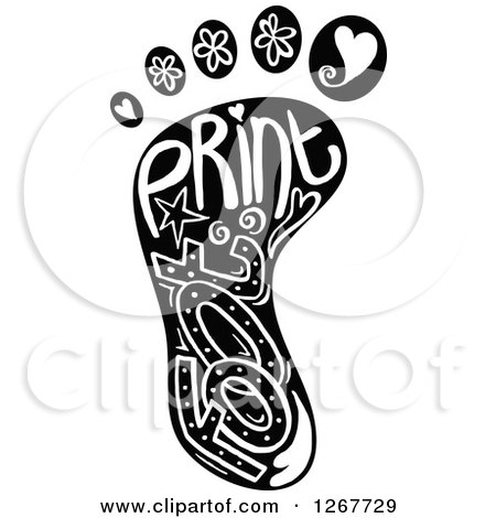 Clipart of a Black and White Foot Print with Doodle Text - Royalty Free Vector Illustration by Prawny