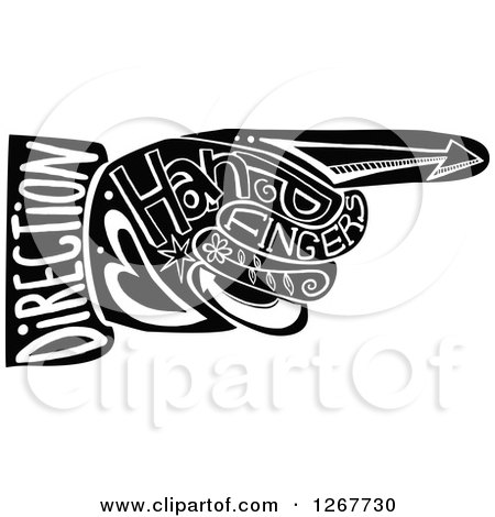 Clipart of a Black and White Pointing Hand with Doodle Text - Royalty Free Vector Illustration by Prawny