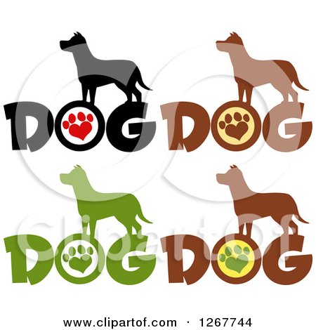 Clipart of Silhouetted Canines over DOG Text with Heart Shaped Paw Prints 2 - Royalty Free Vector Illustration by Hit Toon