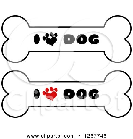 Clipart of Bones with I Love Dog Text and Heart Shaped Paw Prints - Royalty Free Vector Illustration by Hit Toon