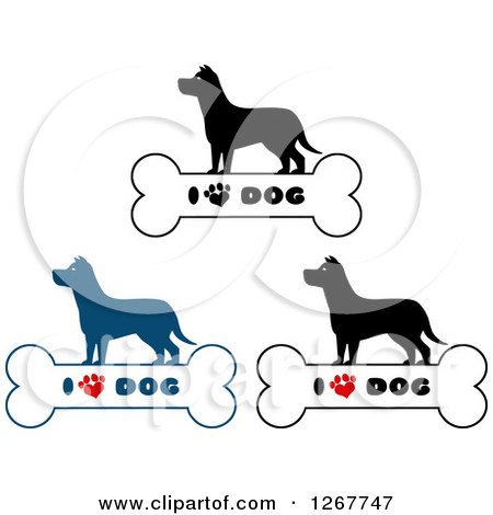 Clipart of Silhouetted Canines over Bones with I Love Dog Text and a Heart Shaped Paw Prints - Royalty Free Vector Illustration by Hit Toon