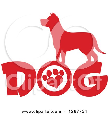 Clipart of a Red Silhouetted Canine over DOG Text with a Heart Shaped Paw Print in the Letter O - Royalty Free Vector Illustration by Hit Toon