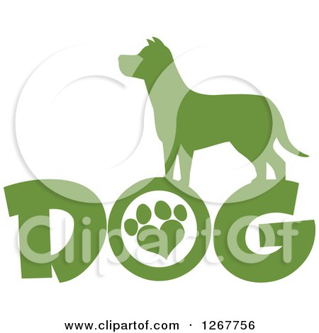 Clipart of a Green Silhouetted Canine over DOG Text with a Heart Shaped Paw Print in the Letter O - Royalty Free Vector Illustration by Hit Toon