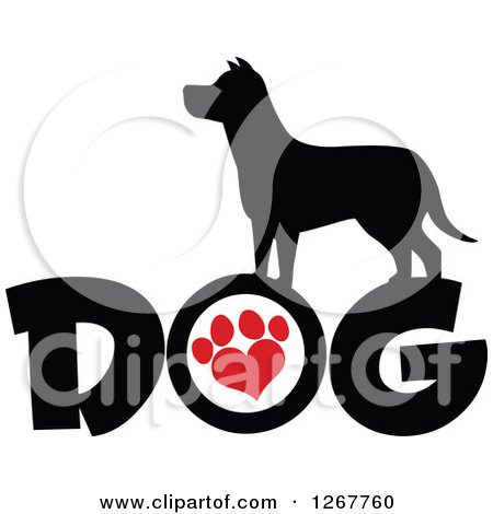 Clipart of a Black Silhouetted Canine over DOG Text with a Red Heart Shaped Paw Print - Royalty Free Vector Illustration by Hit Toon