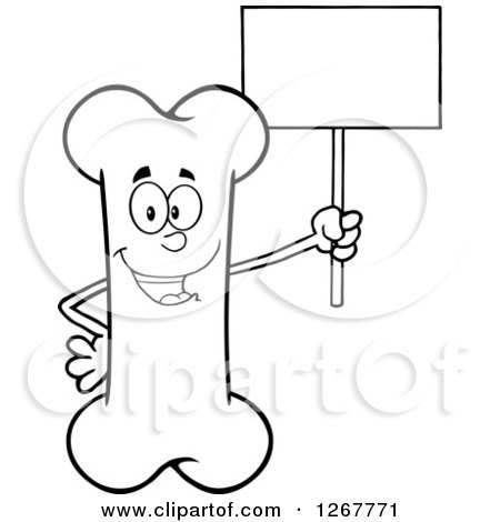 Clipart of a Black and White Happy Cartoon Bone Character Holding up a Blank Sign - Royalty Free Vector Illustration by Hit Toon