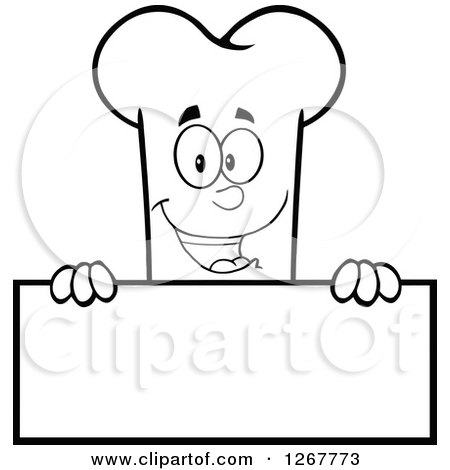 Clipart of a Black and White Happy Cartoon Bone Character over a Blank Sign - Royalty Free Vector Illustration by Hit Toon