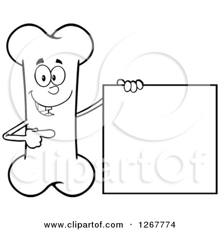 Clipart of a Black and White Happy Cartoon Bone Character Presenting a Blank Sign - Royalty Free Vector Illustration by Hit Toon