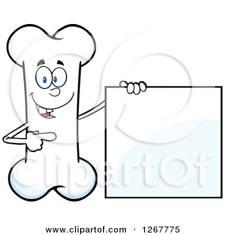 Clipart of a Happy Cartoon Bone Character Presenting a Blank Sign - Royalty Free Vector Illustration by Hit Toon