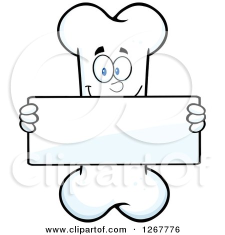 Clipart of a Happy Cartoon Bone Character Holding up a Blank Sign - Royalty Free Vector Illustration by Hit Toon