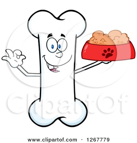 Clipart of a Happy Cartoon Bone Character Holding a Bowl of Dog Food - Royalty Free Vector Illustration by Hit Toon