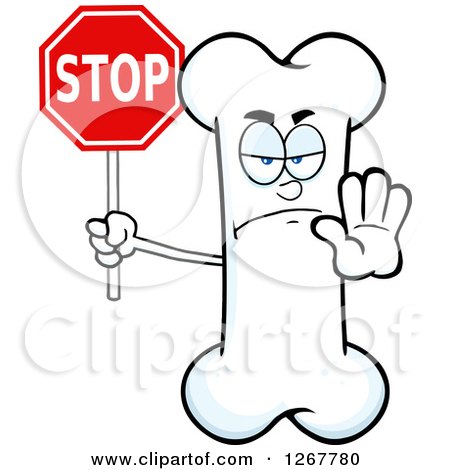 Clipart of a Happy Cartoon Bone Character Holding a Stop Sign - Royalty Free Vector Illustration by Hit Toon