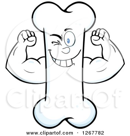 Clipart of a Happy Cartoon Bone Character Flexing His Muscles - Royalty Free Vector Illustration by Hit Toon