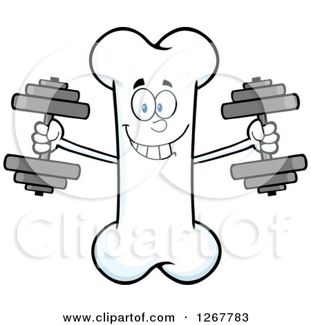 Clipart of a Happy Cartoon Bone Character Working out with Dumbbells - Royalty Free Vector Illustration by Hit Toon