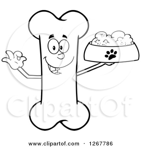 Clipart of a Black and White Happy Cartoon Bone Character Holding a Bowl of Dog Food - Royalty Free Vector Illustration by Hit Toon