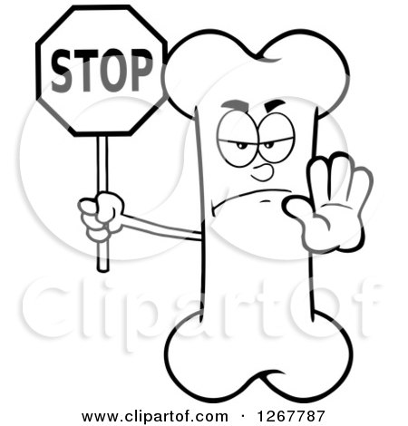 Clipart of a Black and White Happy Cartoon Bone Character Holding a Stop Sign - Royalty Free Vector Illustration by Hit Toon