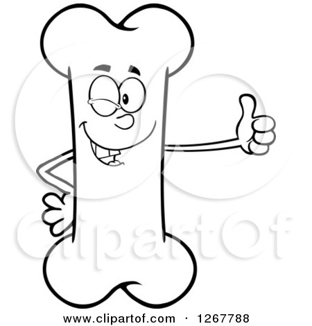 Clipart of a Black and White Happy Cartoon Bone Character Giving a Thumb up - Royalty Free Vector Illustration by Hit Toon