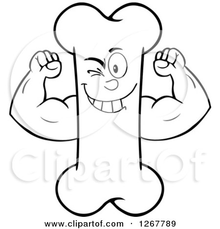 Clipart of a Black and White Happy Cartoon Bone Character Flexing His Muscles - Royalty Free Vector Illustration by Hit Toon