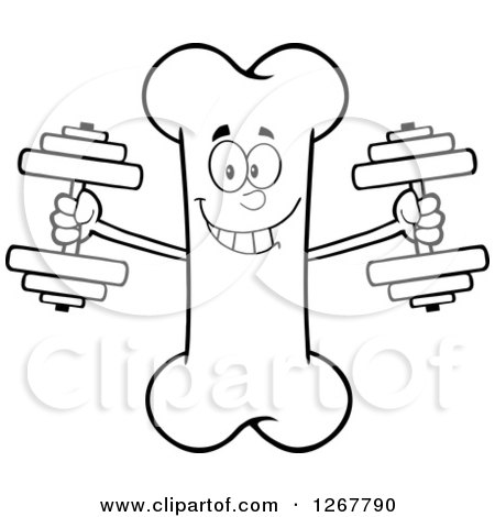 Clipart of a Black and White Happy Cartoon Bone Character Working out with Dumbbells - Royalty Free Vector Illustration by Hit Toon