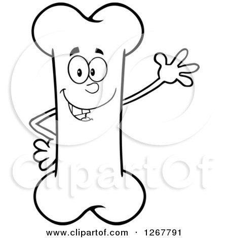 Clipart of a Black and White Happy Cartoon Bone Character Waving - Royalty Free Vector Illustration by Hit Toon