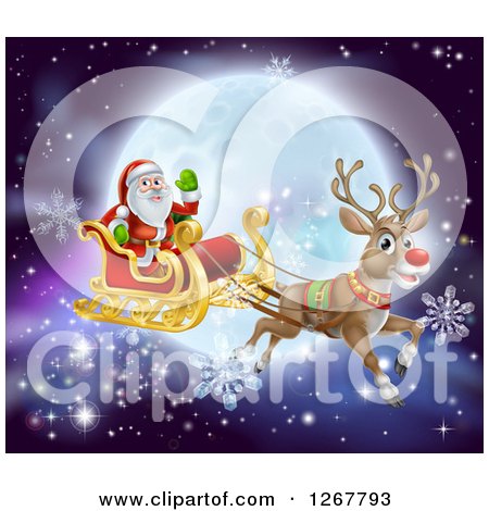 Clipart of a Red Nosed Reindeer Flying Santa in a Sleigh over a Full Moon - Royalty Free Vector Illustration by AtStockIllustration