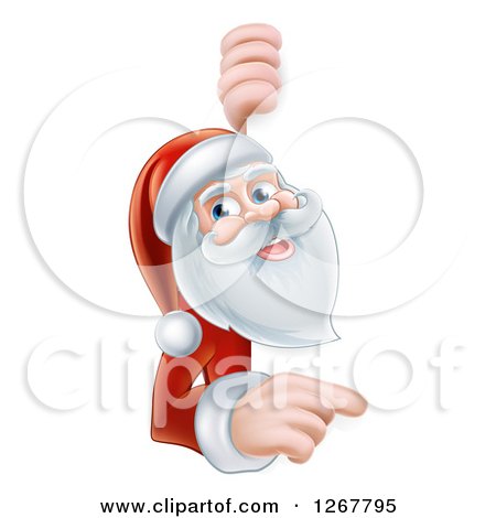Clipart of a Happy Santa Pointing and Looking Around a Sign - Royalty Free Vector Illustration by AtStockIllustration