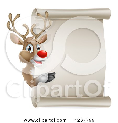 Clipart of a Christmas Red Nosed Rudolph Reindeer Presenting a Blank Scroll Sign - Royalty Free Vector Illustration by AtStockIllustration