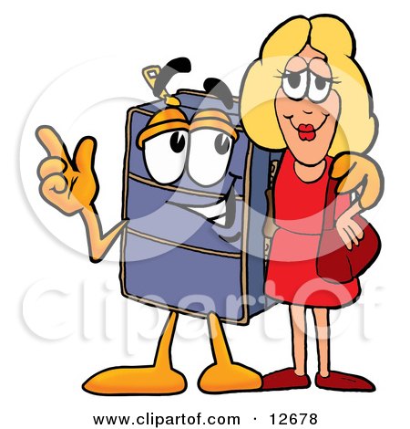 Clipart Picture of a Suitcase Cartoon Character Talking to a Pretty Blond Woman by Mascot Junction