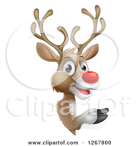 Clipart of a Happy Rudolph Red Nosed Reindeer Pointing Around a Sign - Royalty Free Vector Illustration by AtStockIllustration