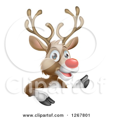 Clipart of a Happy Rudolph Red Nosed Reindeer Waving over a Sign - Royalty Free Vector Illustration by AtStockIllustration