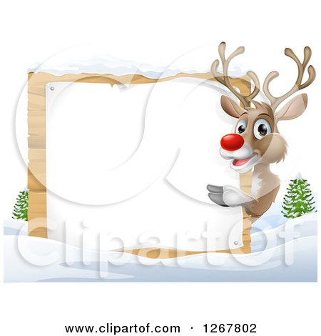 Clipart of a Happy Rudolph Red Nosed Reindeer Pointing Around a Blank Sign in the Snow - Royalty Free Vector Illustration by AtStockIllustration