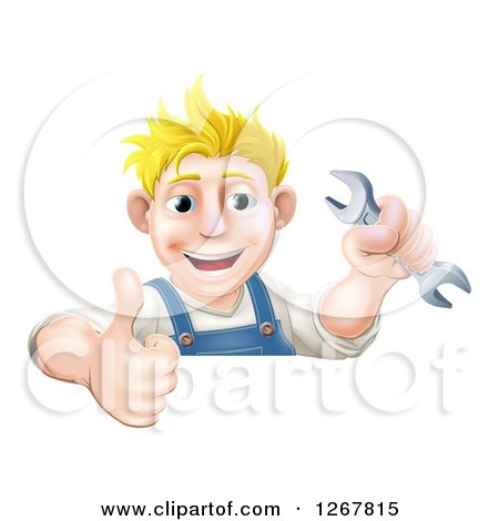 Clipart of a Happy Blond Caucasian Mechanic Man Holding a Wrench and Thumb up over a Sign - Royalty Free Vector Illustration by AtStockIllustration