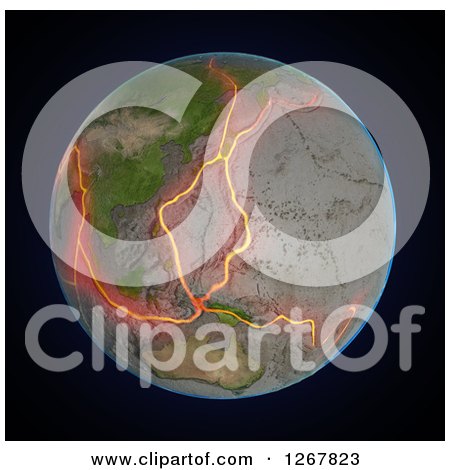 Clipart of a 3d Earth Showing the Fault Lines Between Tectonic Plates in the East Asia Region over Black - Royalty Free Illustration by Mopic