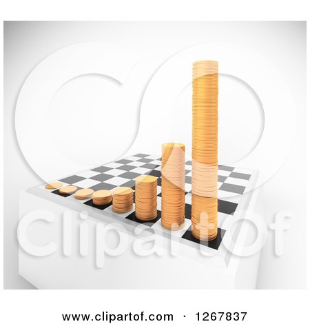 Clipart of a 3d Chess Board with Growing Stacks of Coins over Shaded White - Royalty Free Illustration by Mopic
