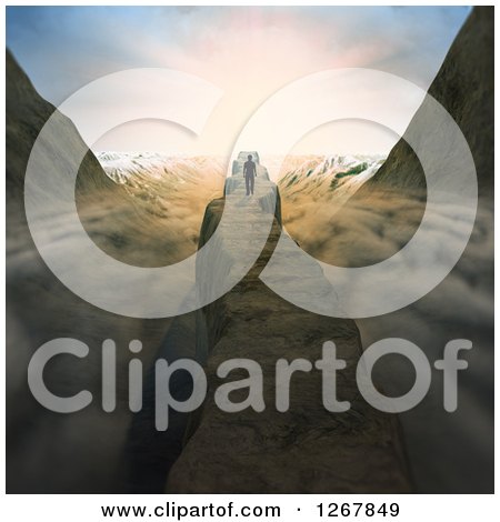 Clipart of a 3d Man Walking Along a Mountain Ridge Path over Clouds - Royalty Free Illustration by Mopic
