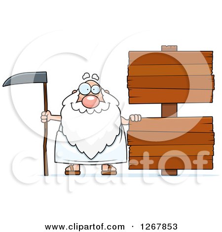 Clipart of a Happy Father Time Senior Man with Blank Wooden Signs - Royalty Free Vector Illustration by Cory Thoman