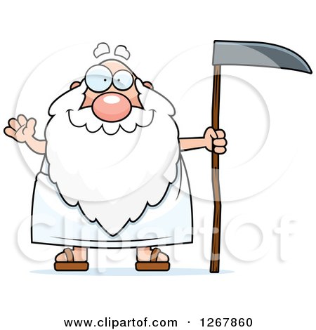 Clipart of a Friendly Waving Father Time Senior Man Holding a Scythe - Royalty Free Vector Illustration by Cory Thoman