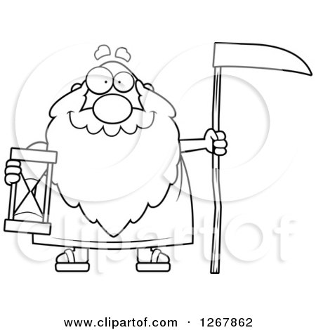 Clipart of a Black and White Happy Father Time Senior Man Holding a Scythe and Hourglass - Royalty Free Vector Illustration by Cory Thoman