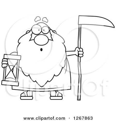 Clipart of a Black and White Surprised Father Time Senior Man Holding a Scythe and Hourglass - Royalty Free Vector Illustration by Cory Thoman